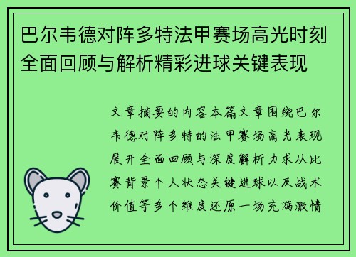 巴尔韦德对阵多特法甲赛场高光时刻全面回顾与解析精彩进球关键表现
